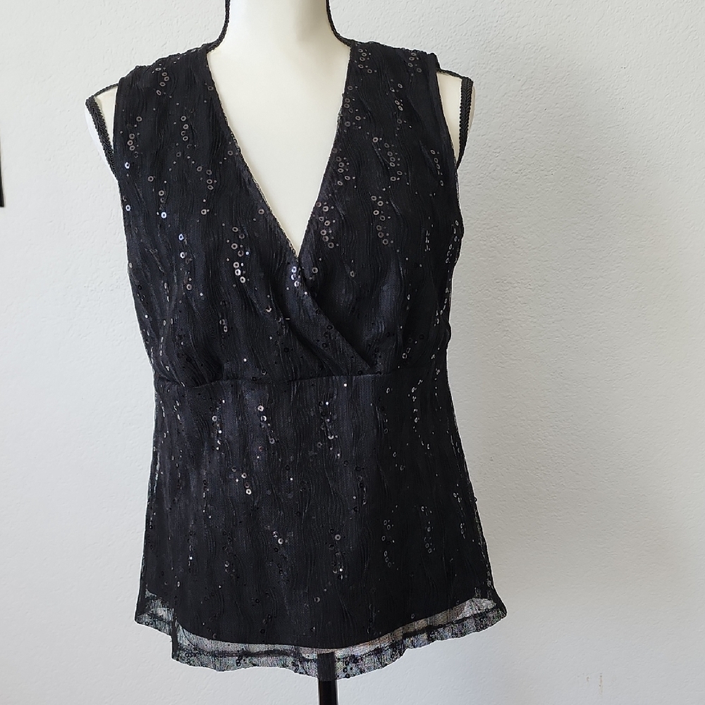 AB Studio Black Sequin Wrap Blouse